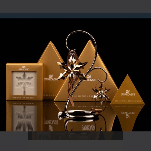 NIB Swarovski SCS 2015 Set Stand W 2 Gold Christmas Crystal Ornaments #5135951 - Picture 4 of 9